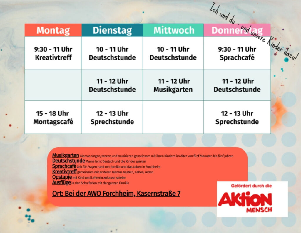 "Stundenplan" des Integrationsprojektes "Mama lernt deutsch"